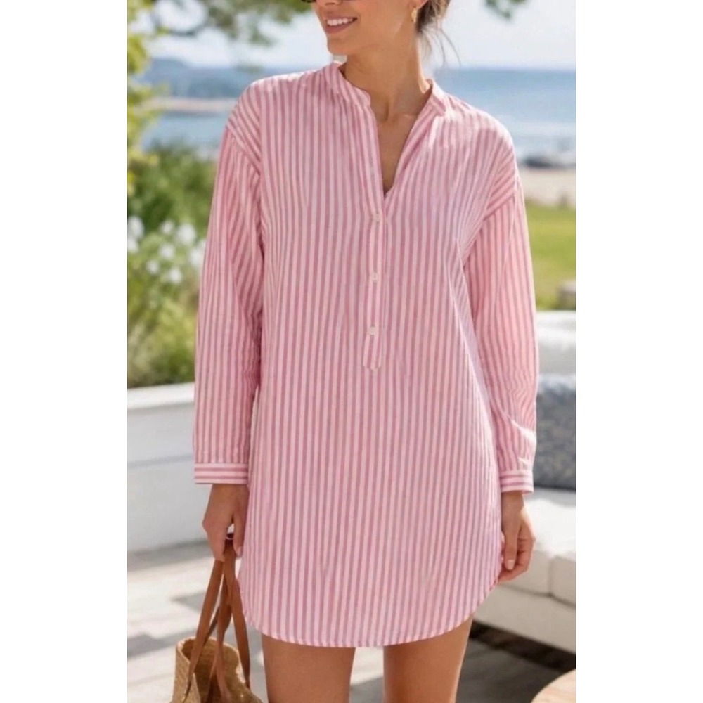 Tuckernuck Strawberry Stripe Seersucker Tunic Shirt Dress Red resortwear small